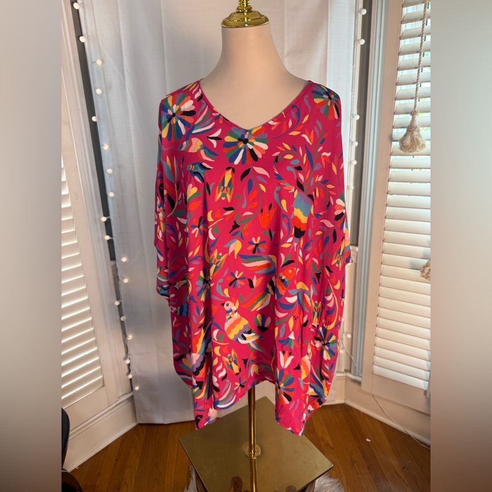 Judith March Pink Floral Bird Oversized Tunic Top S Boho
